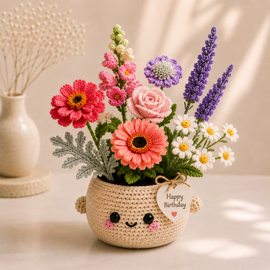 Handmade Crochet Birthday Flower Basket – Gerbera & Lavender Bouquet