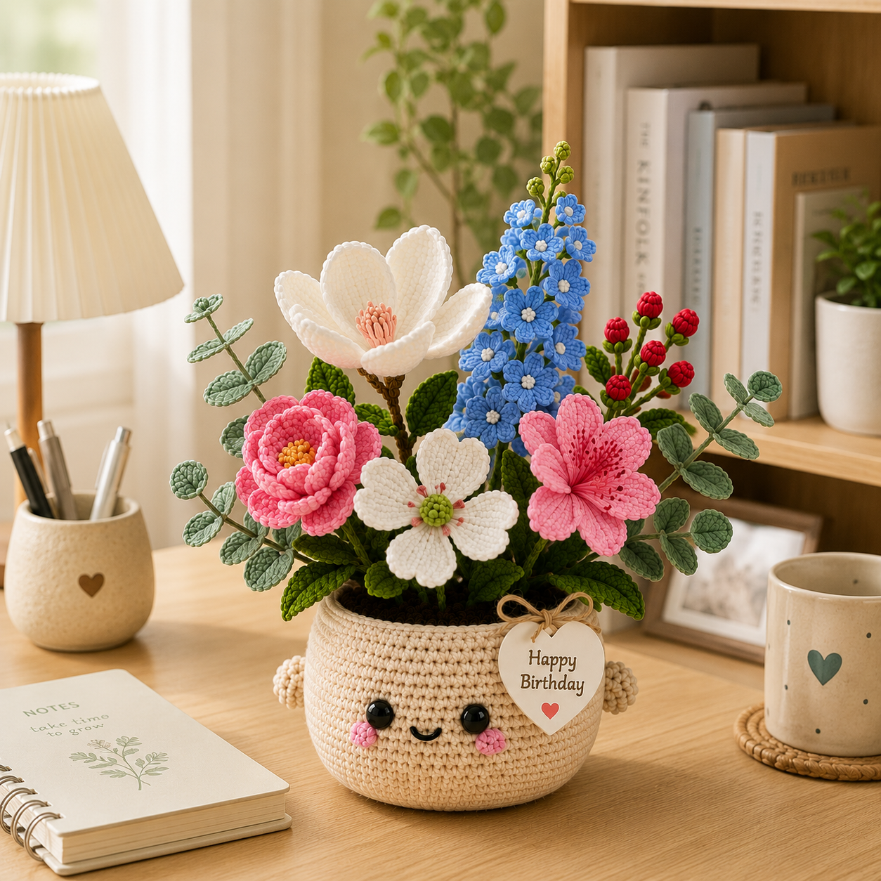 Handmade Crochet Birthday Flower Basket – Magnolia & Dogwood Bouquet