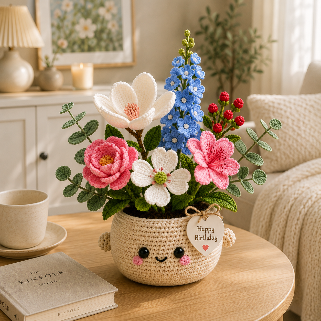 Handmade Crochet Birthday Flower Basket – Magnolia & Dogwood Bouquet