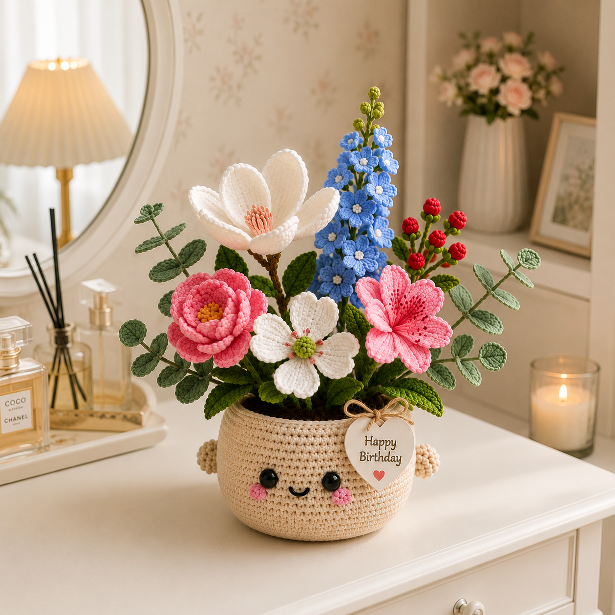 Handmade Crochet Birthday Flower Basket – Magnolia & Dogwood Bouquet