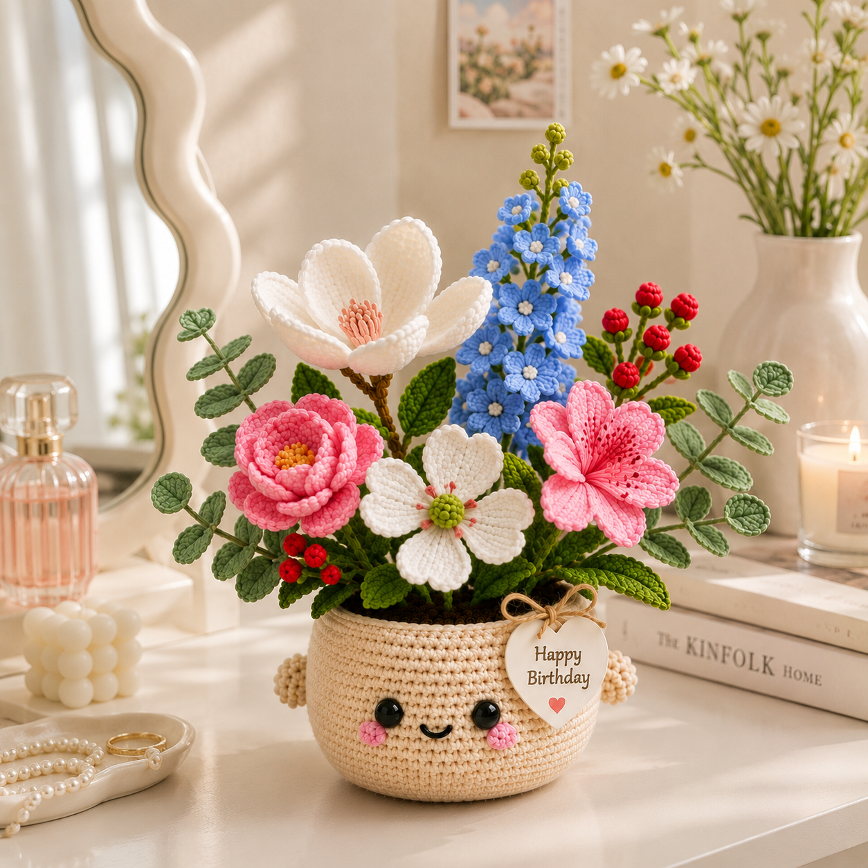 Handmade Crochet Birthday Flower Basket – Magnolia & Dogwood Bouquet