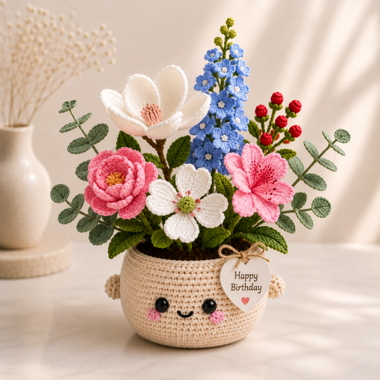 Handmade Crochet Birthday Flower Basket – Magnolia & Dogwood Bouquet