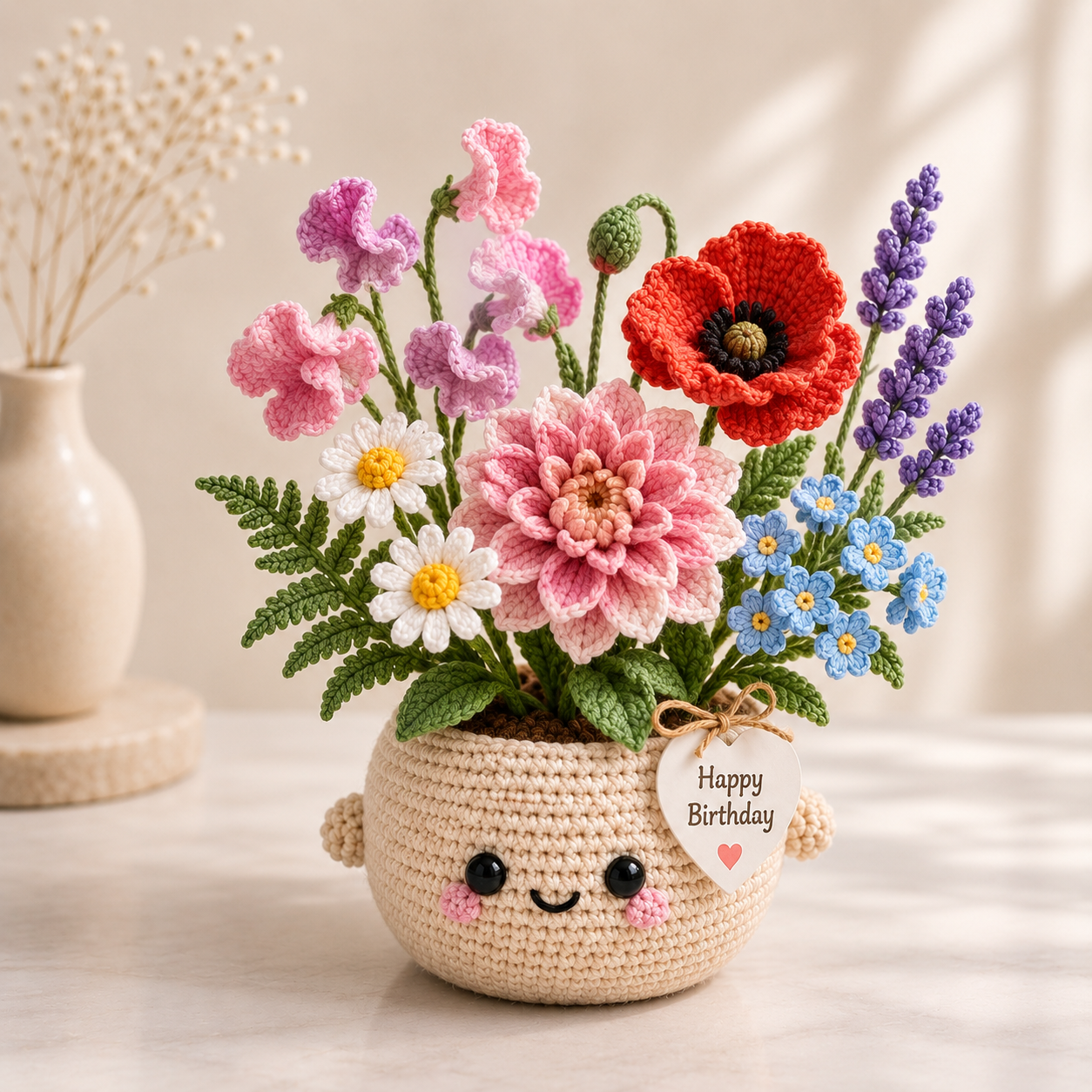 Handmade Crochet Birthday Flower Basket – Dahlia, Poppy & Sweet Pea Bouquet