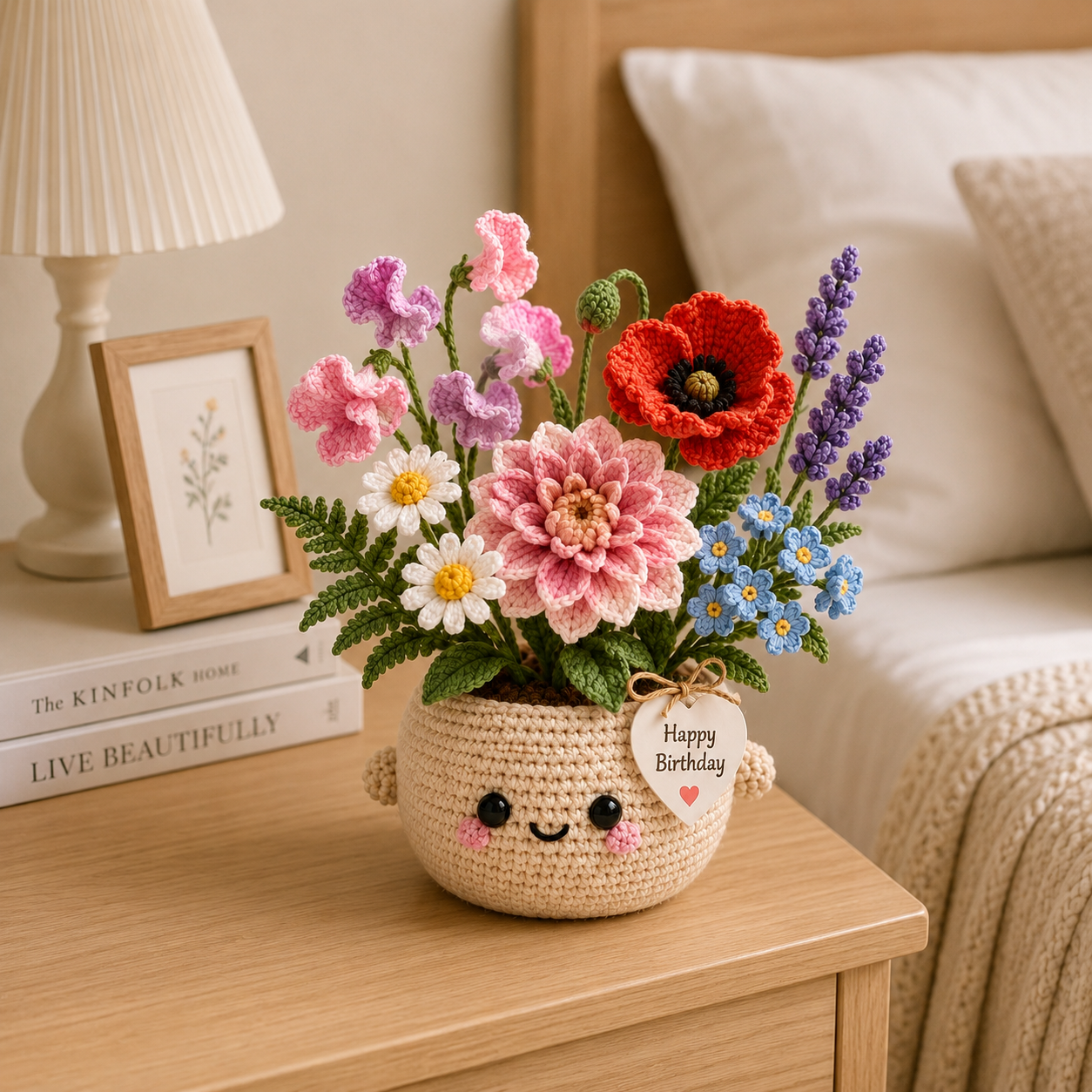 Handmade Crochet Birthday Flower Basket – Dahlia, Poppy & Sweet Pea Bouquet