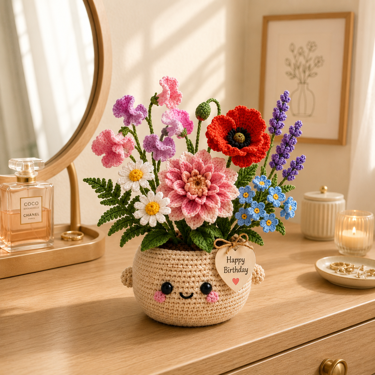 Handmade Crochet Birthday Flower Basket – Dahlia, Poppy & Sweet Pea Bouquet