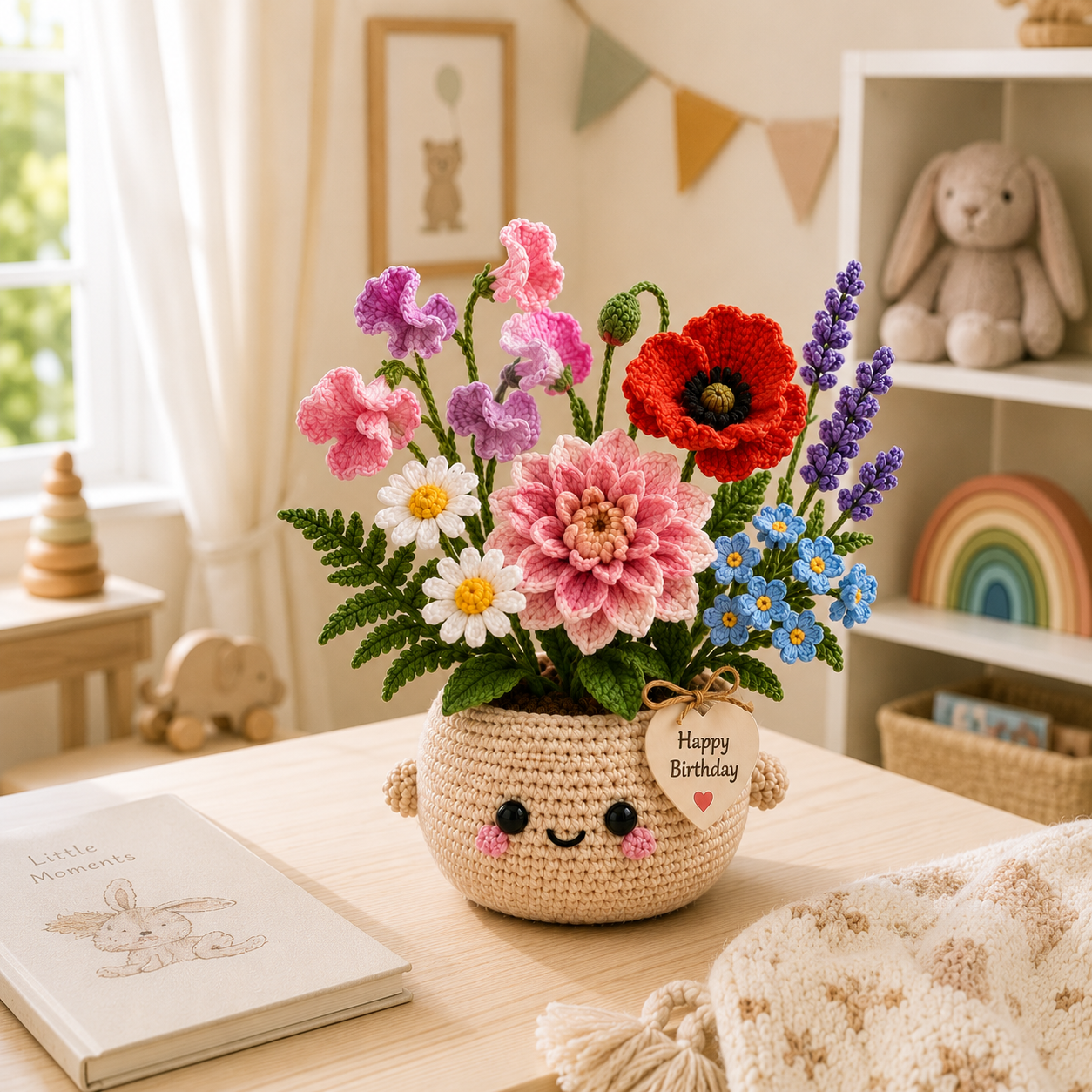 Handmade Crochet Birthday Flower Basket – Dahlia, Poppy & Sweet Pea Bouquet