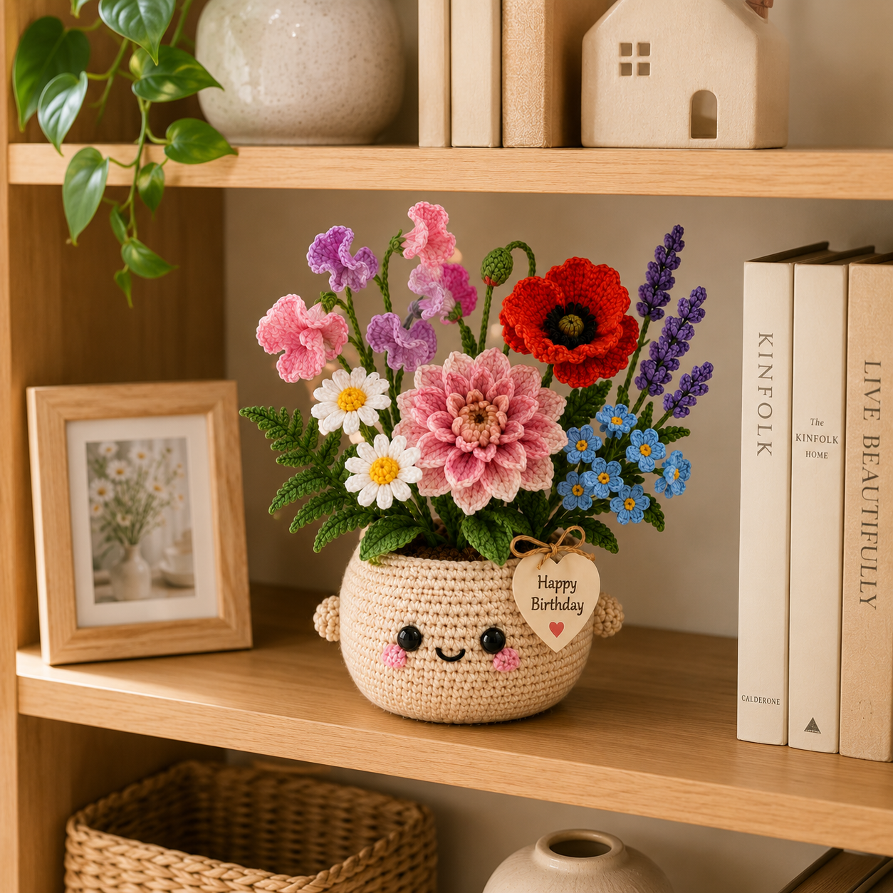 Handmade Crochet Birthday Flower Basket – Dahlia, Poppy & Sweet Pea Bouquet