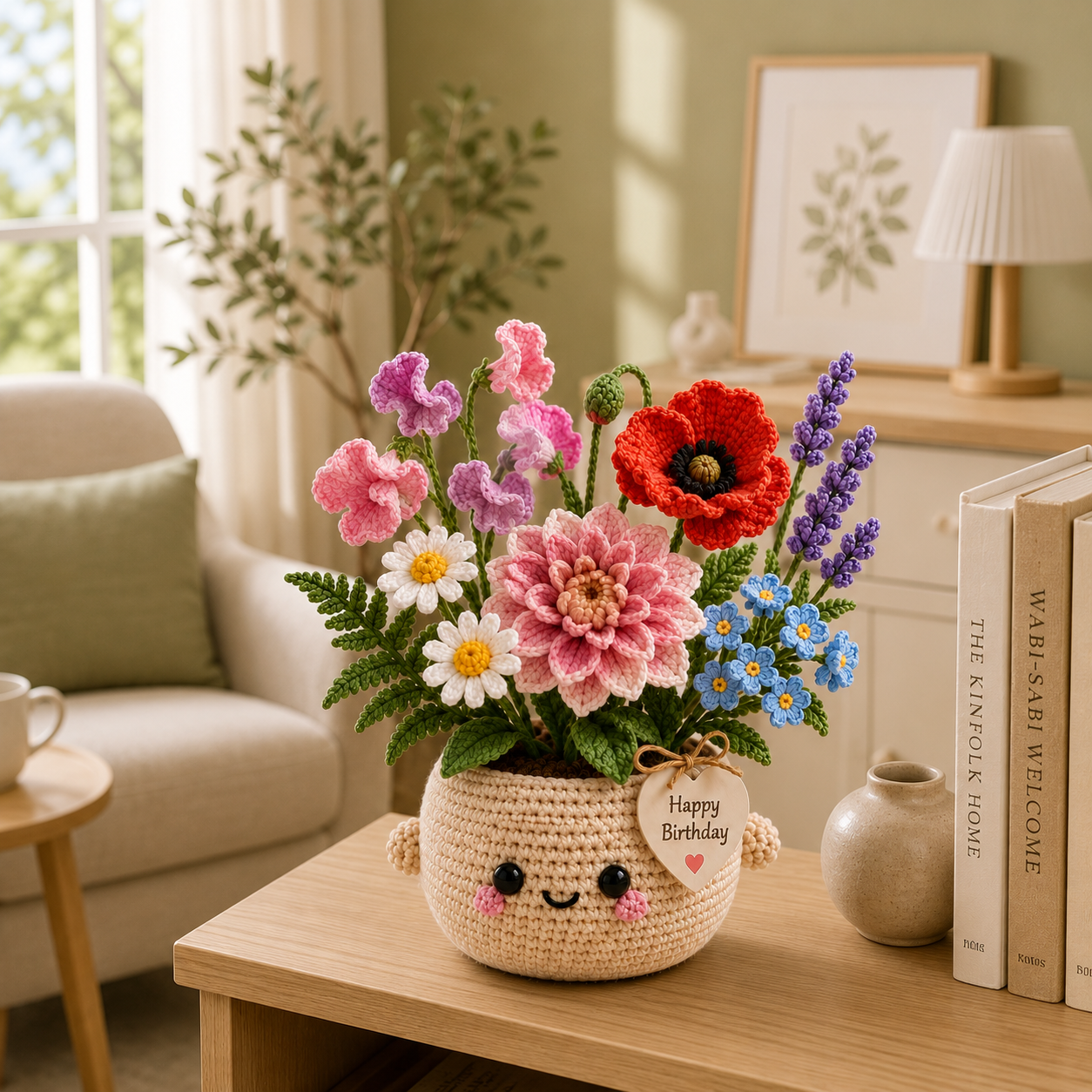 Handmade Crochet Birthday Flower Basket – Dahlia, Poppy & Sweet Pea Bouquet