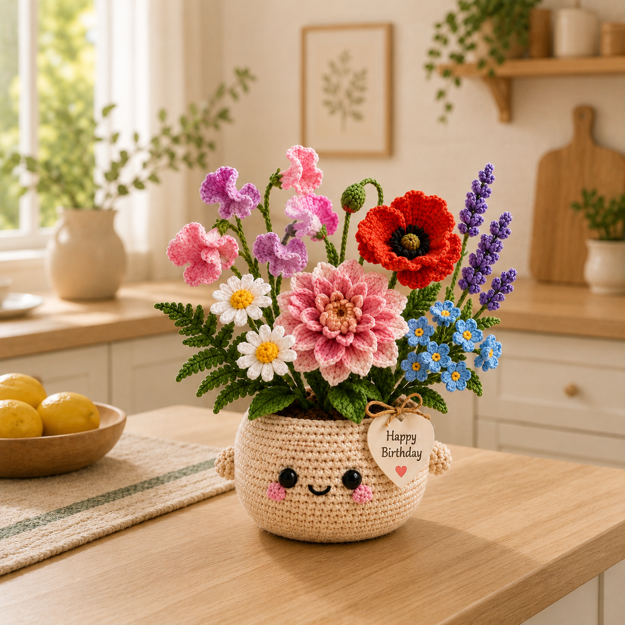 Handmade Crochet Birthday Flower Basket – Dahlia, Poppy & Sweet Pea Bouquet