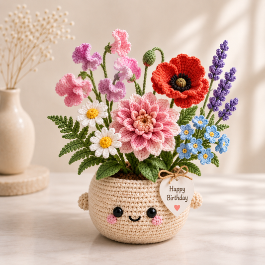 Handmade Crochet Birthday Flower Basket – Dahlia, Poppy & Sweet Pea Bouquet