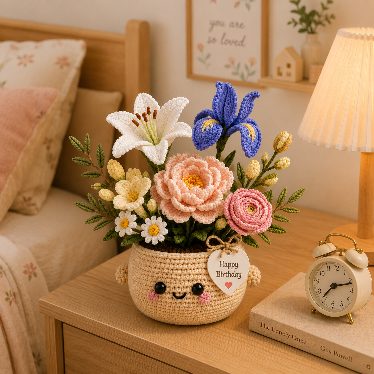 Handmade Crochet Birthday Flower Basket – Lily, Blue Iris & Peony Arrangement