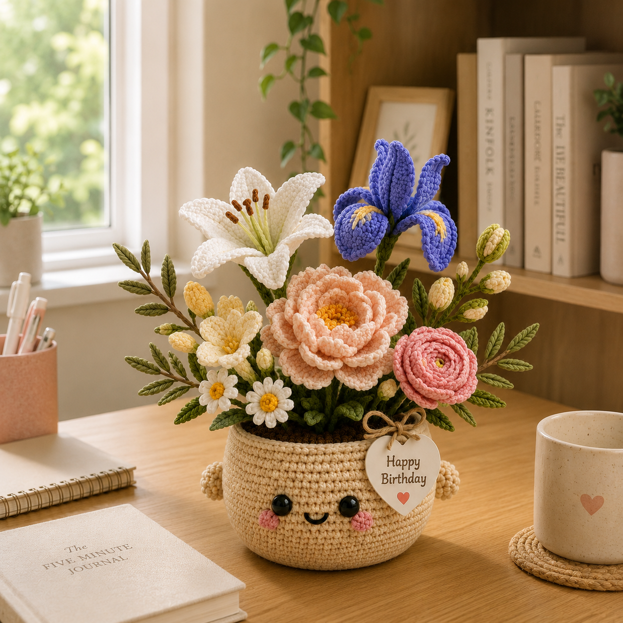 Handmade Crochet Birthday Flower Basket – Lily, Blue Iris & Peony Arrangement
