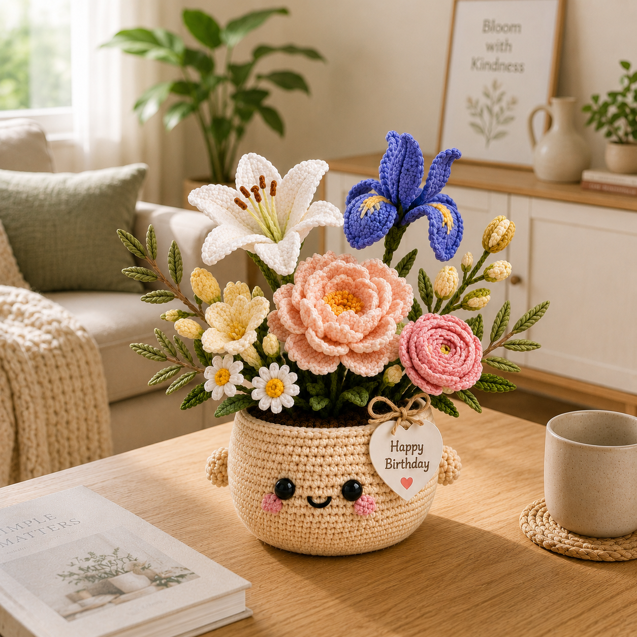 Handmade Crochet Birthday Flower Basket – Lily, Blue Iris & Peony Arrangement