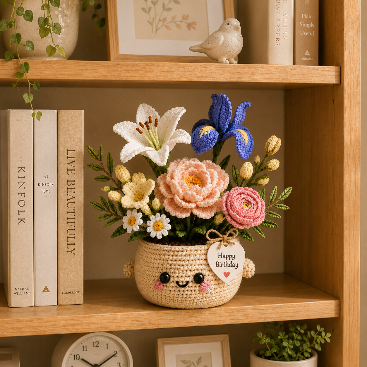 Handmade Crochet Birthday Flower Basket – Lily, Blue Iris & Peony Arrangement