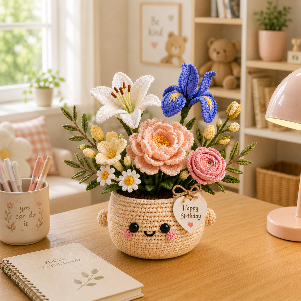 Handmade Crochet Birthday Flower Basket – Lily, Blue Iris & Peony Arrangement