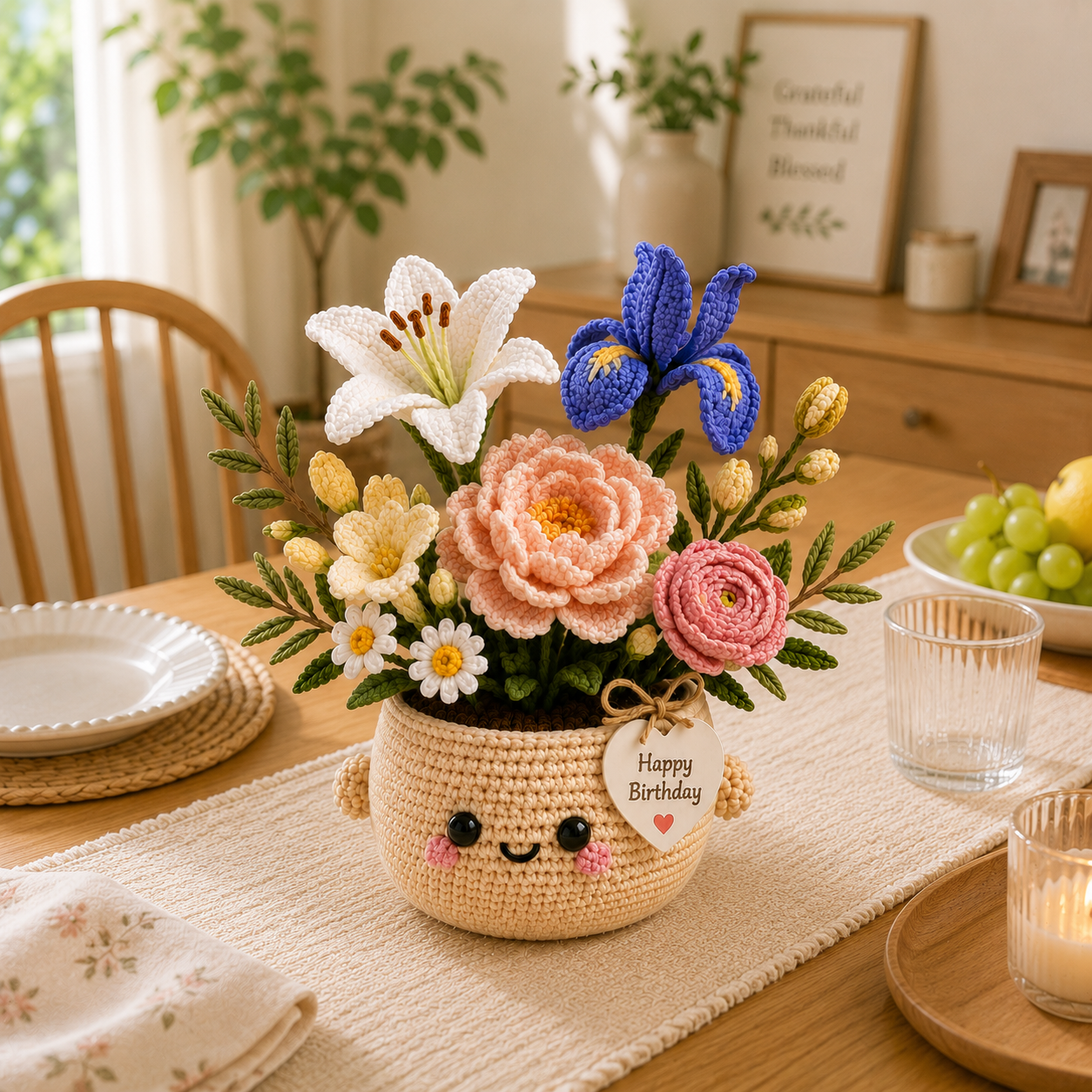 Handmade Crochet Birthday Flower Basket – Lily, Blue Iris & Peony Arrangement