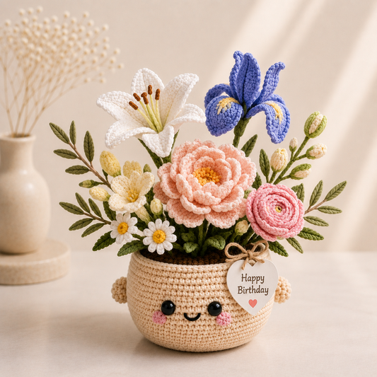 Handmade Crochet Birthday Flower Basket – Lily, Blue Iris & Peony Arrangement