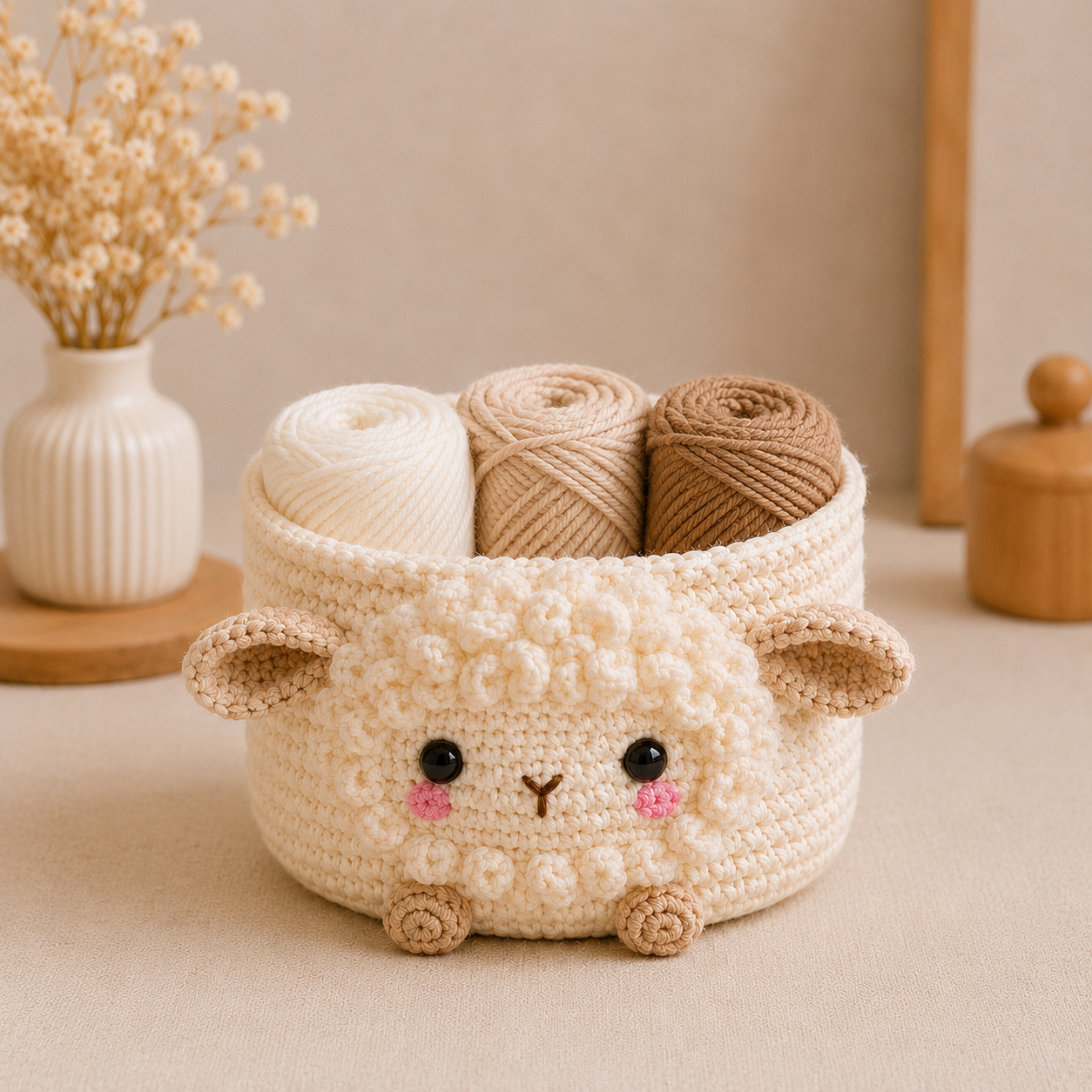 Cute Crochet Sheep Yarn Basket - Handmade Storage Bowl for Knitting & Craft Supplies