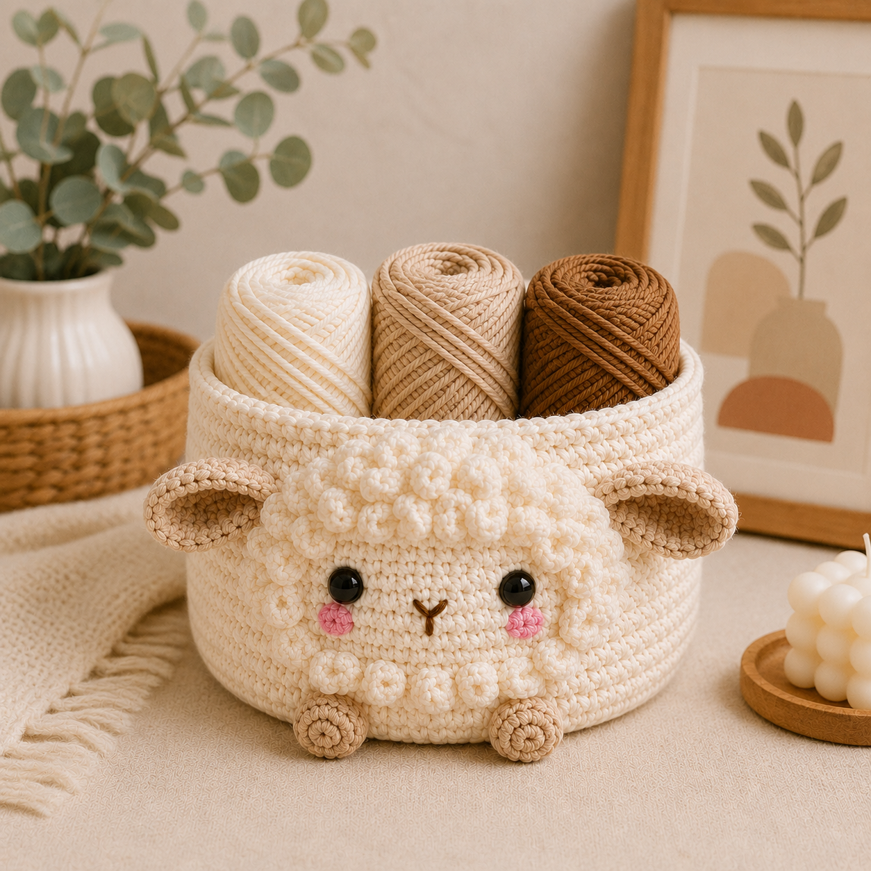 Cute Crochet Sheep Yarn Basket - Handmade Storage Bowl for Knitting & Craft Supplies