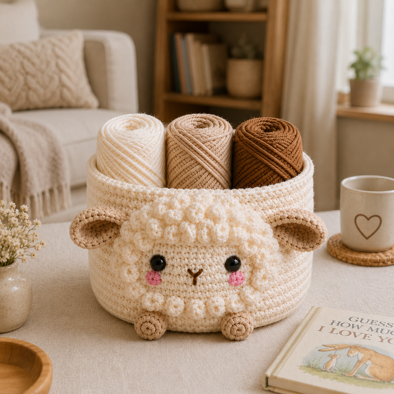 Cute Crochet Sheep Yarn Basket - Handmade Storage Bowl for Knitting & Craft Supplies
