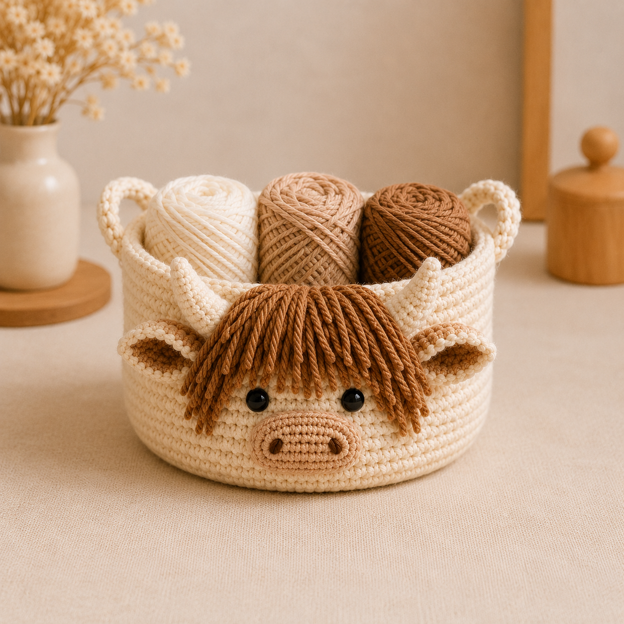 Cute Highland Cow Crochet Yarn Basket - Handmade Storage Bowl for Knitting