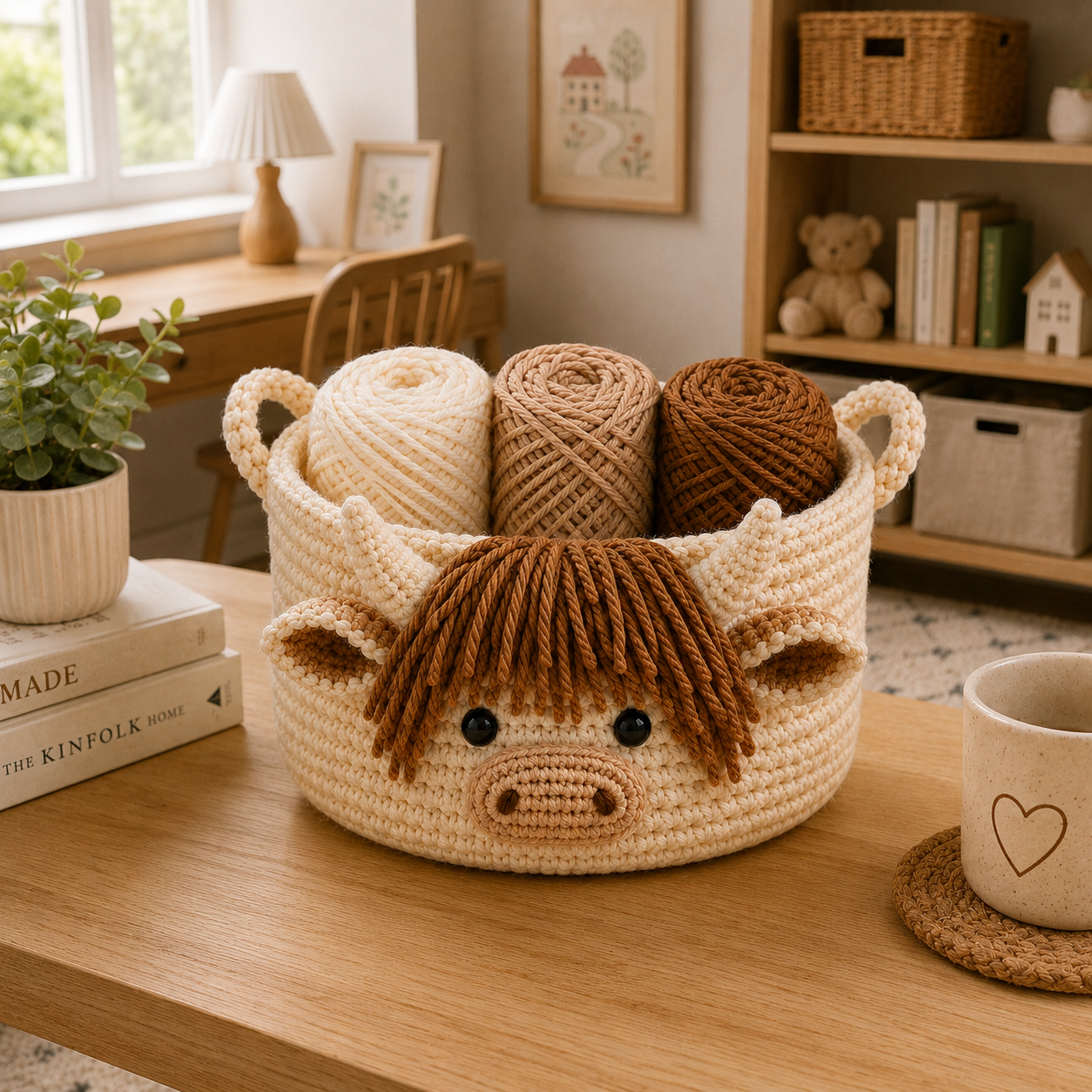 Cute Highland Cow Crochet Yarn Basket - Handmade Storage Bowl for Knitting