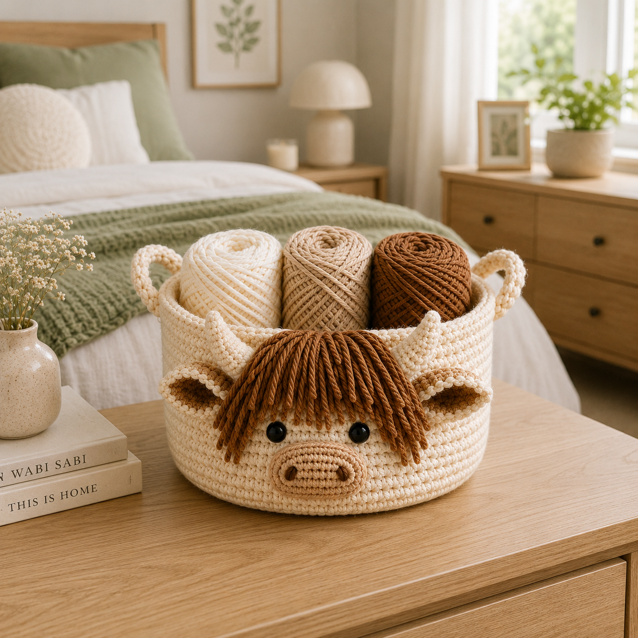 Cute Highland Cow Crochet Yarn Basket - Handmade Storage Bowl for Knitting