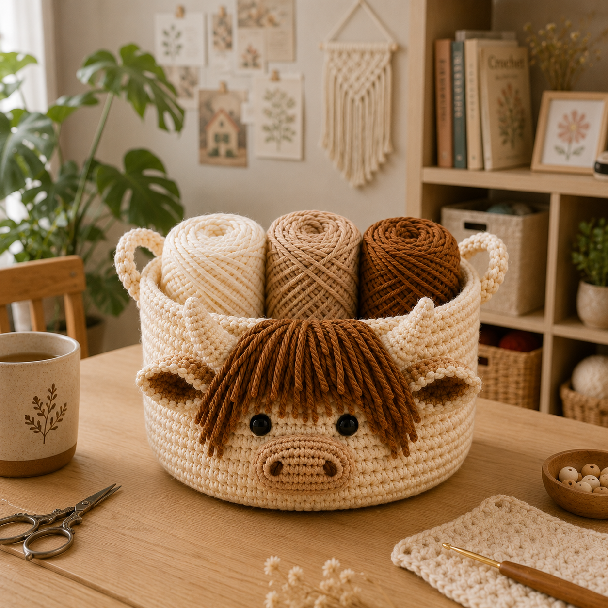 Cute Highland Cow Crochet Yarn Basket - Handmade Storage Bowl for Knitting