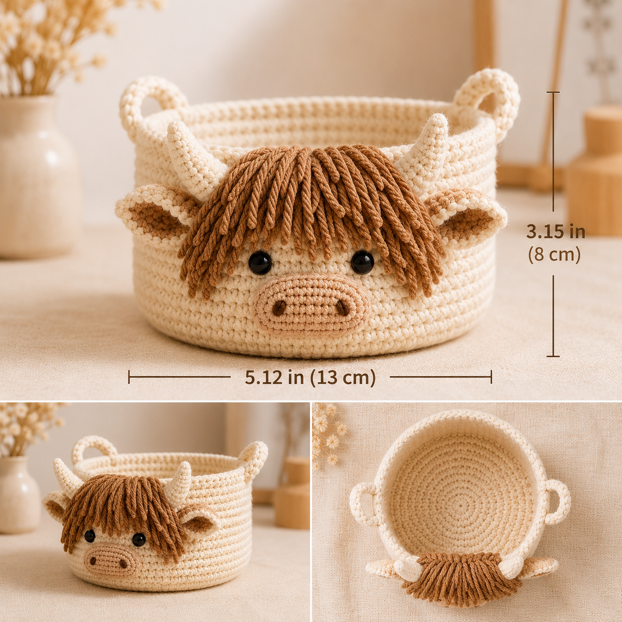 Cute Highland Cow Crochet Yarn Basket - Handmade Storage Bowl for Knitting