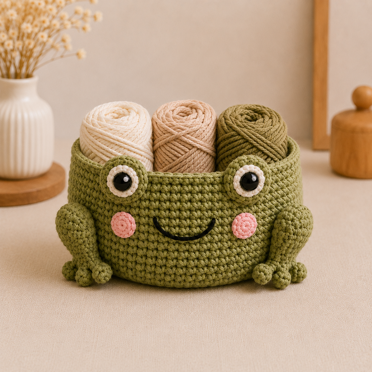 Cute Crochet Frog Yarn Basket - Handmade Storage Bowl for Knitting