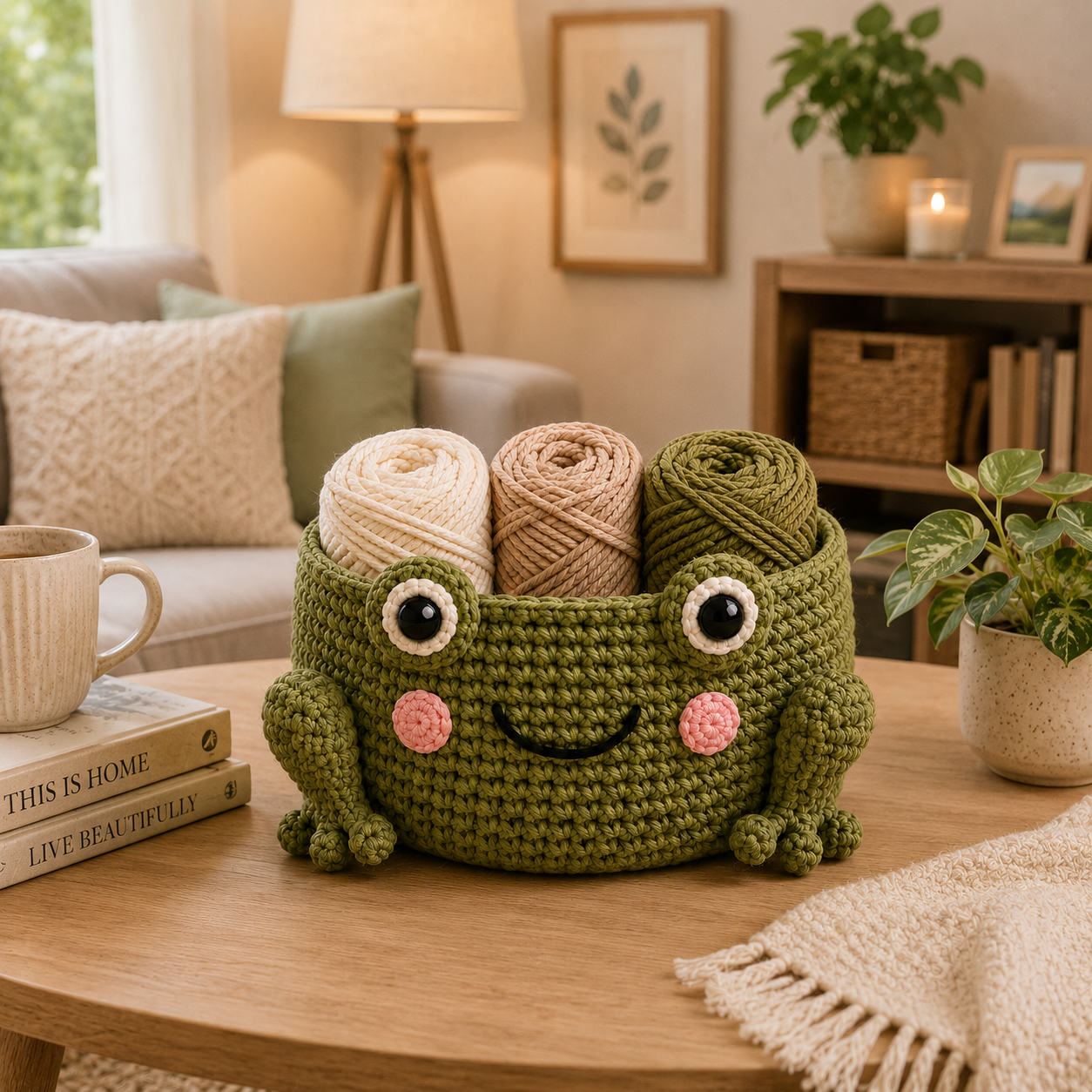 Cute Crochet Frog Yarn Basket - Handmade Storage Bowl for Knitting