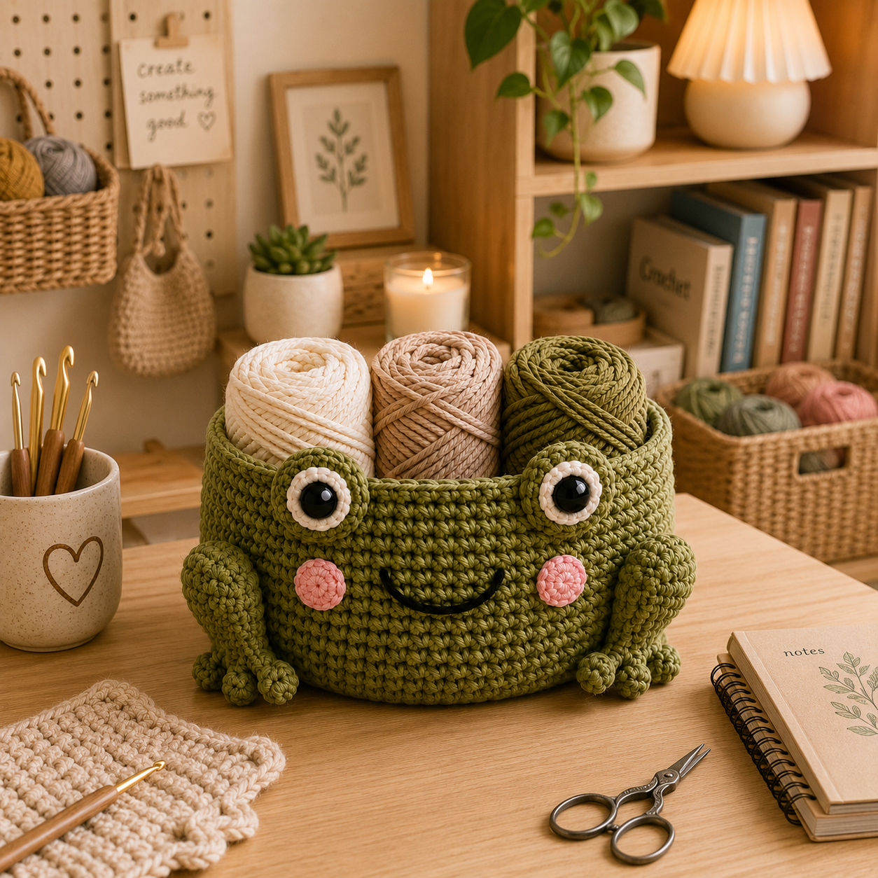 Cute Crochet Frog Yarn Basket - Handmade Storage Bowl for Knitting
