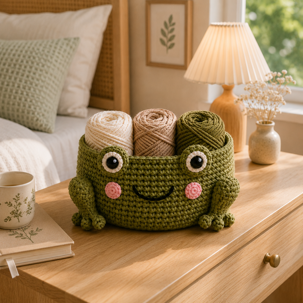 Cute Crochet Frog Yarn Basket - Handmade Storage Bowl for Knitting