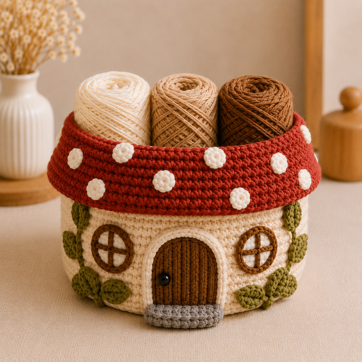Cute Crochet Mushroom House Yarn Basket - Handmade Storage Bowl for Knitting