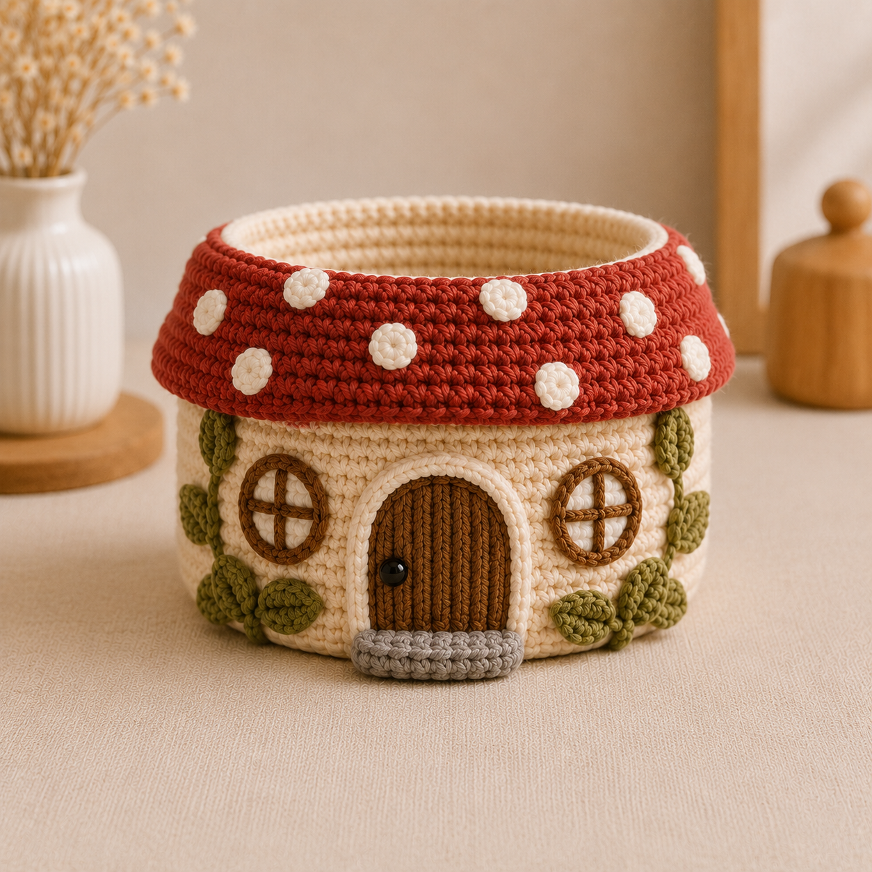 Cute Crochet Mushroom House Yarn Basket - Handmade Storage Bowl for Knitting