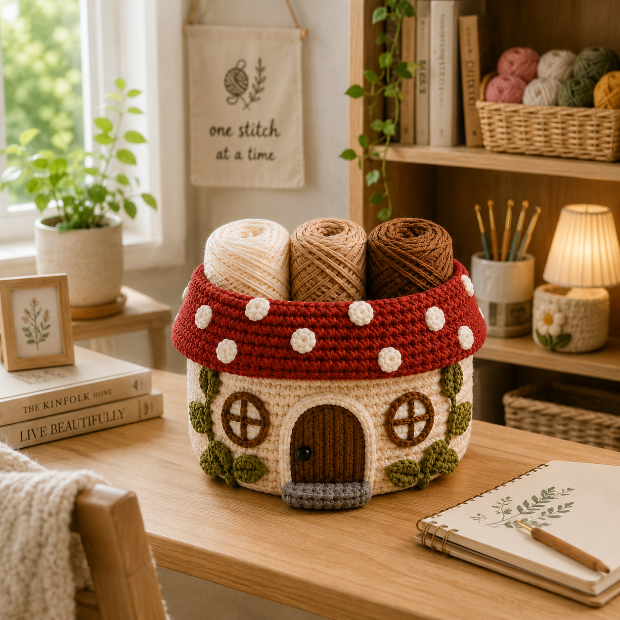 Cute Crochet Mushroom House Yarn Basket - Handmade Storage Bowl for Knitting