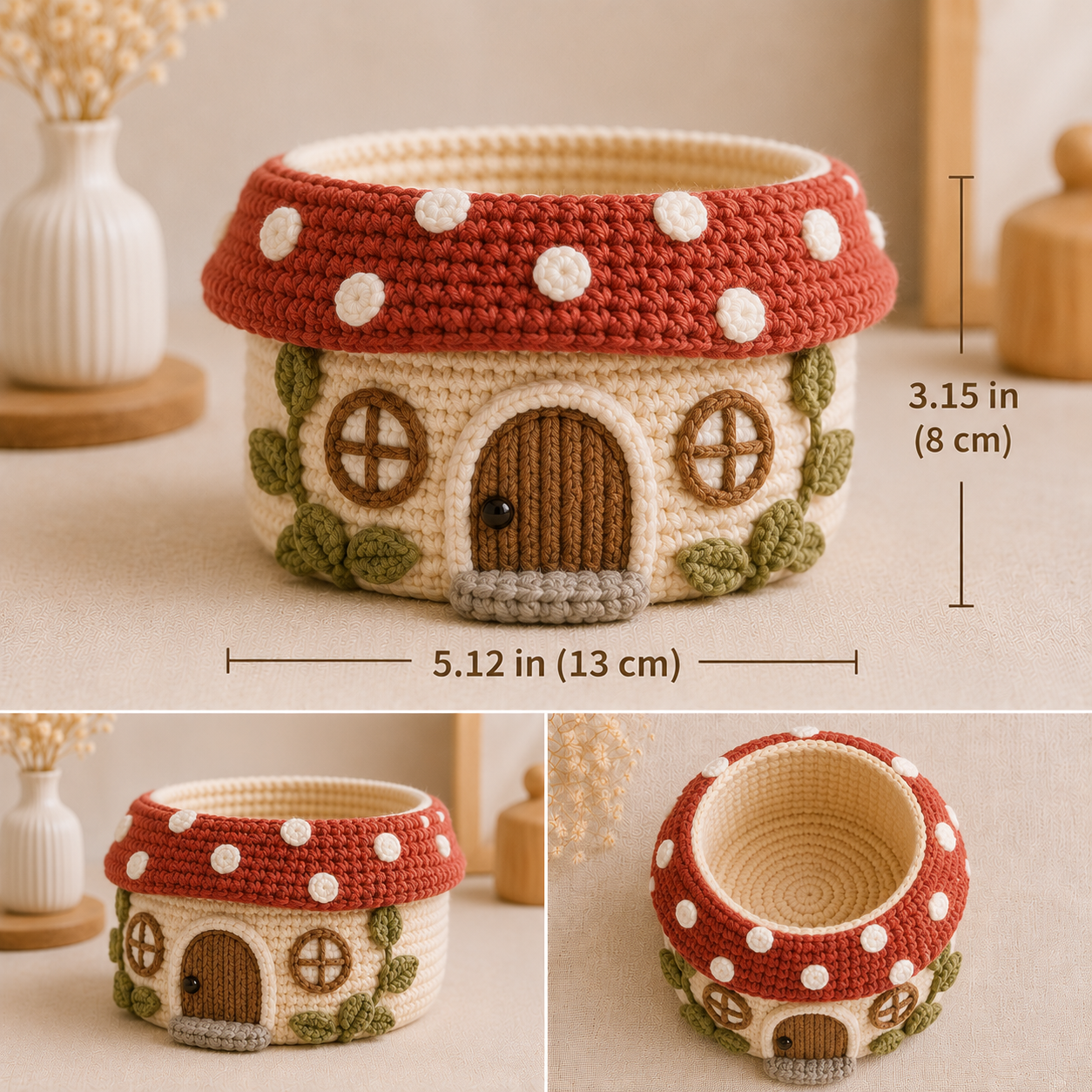 Cute Crochet Mushroom House Yarn Basket - Handmade Storage Bowl for Knitting