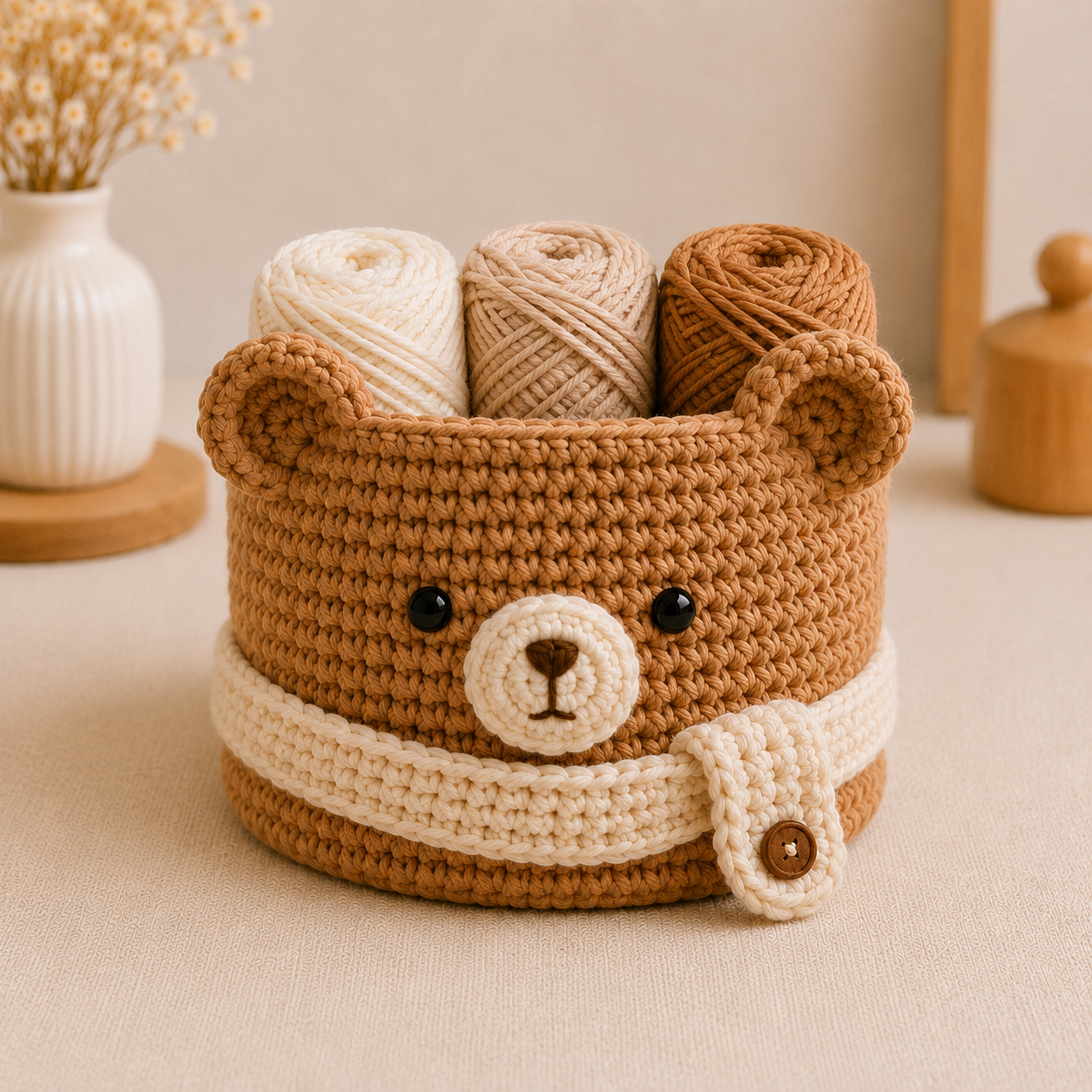 Cute Crochet Bear Yarn Basket with Scarf - Handmade Storage Bowl for Knitting