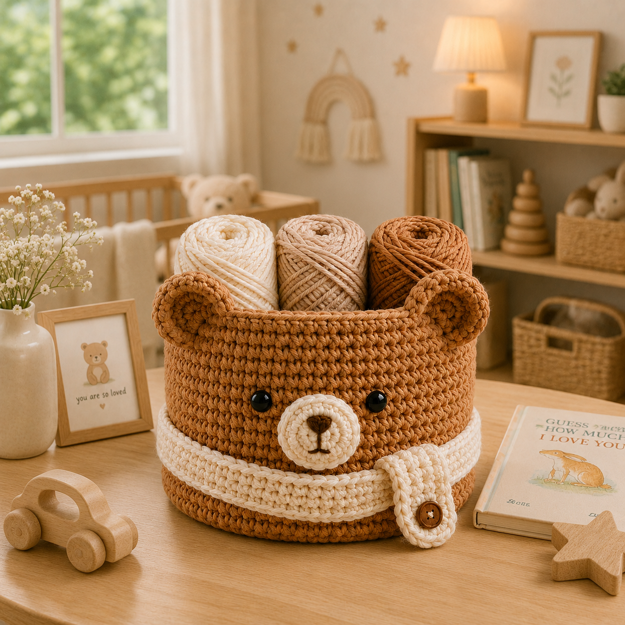 Cute Crochet Bear Yarn Basket with Scarf - Handmade Storage Bowl for Knitting