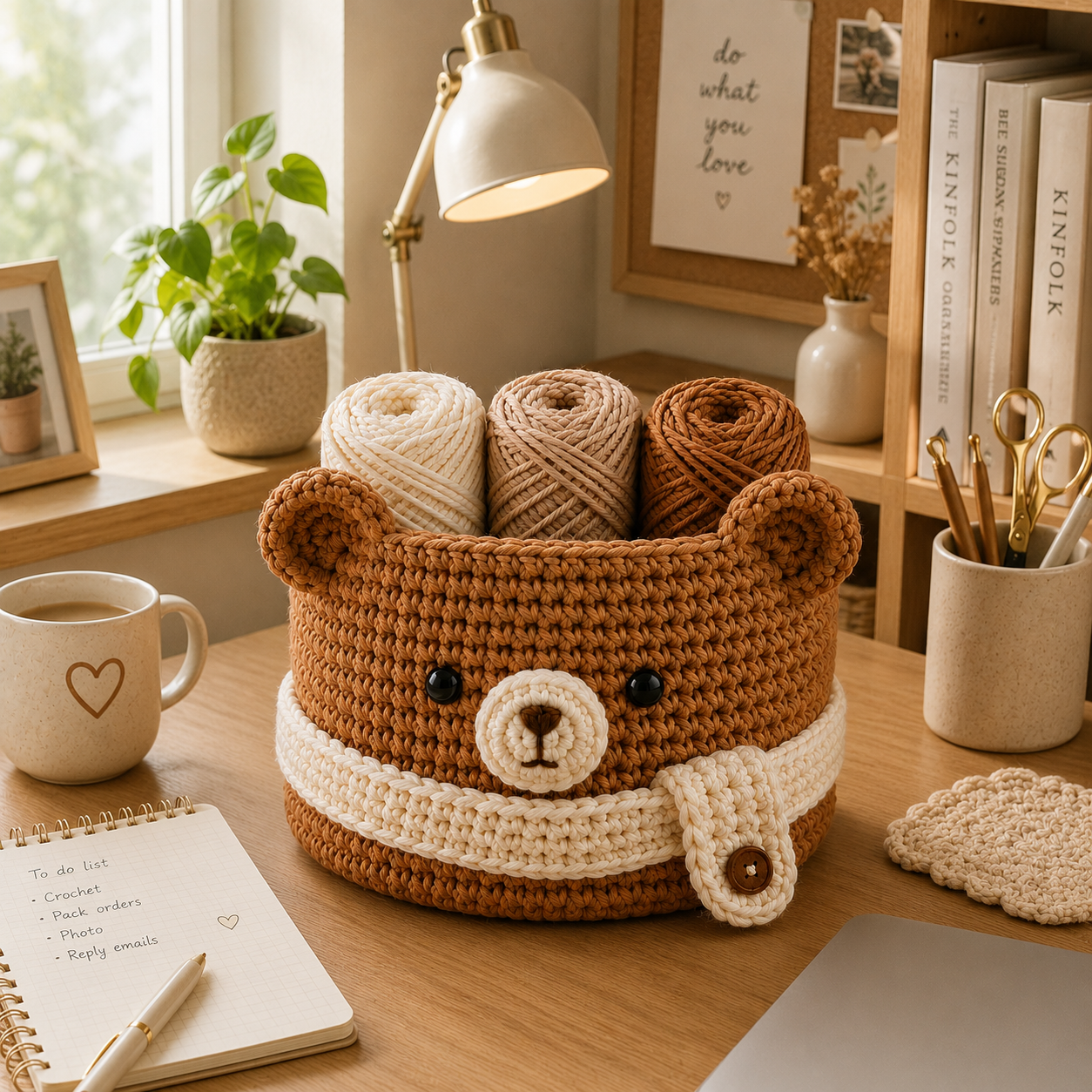 Cute Crochet Bear Yarn Basket with Scarf - Handmade Storage Bowl for Knitting