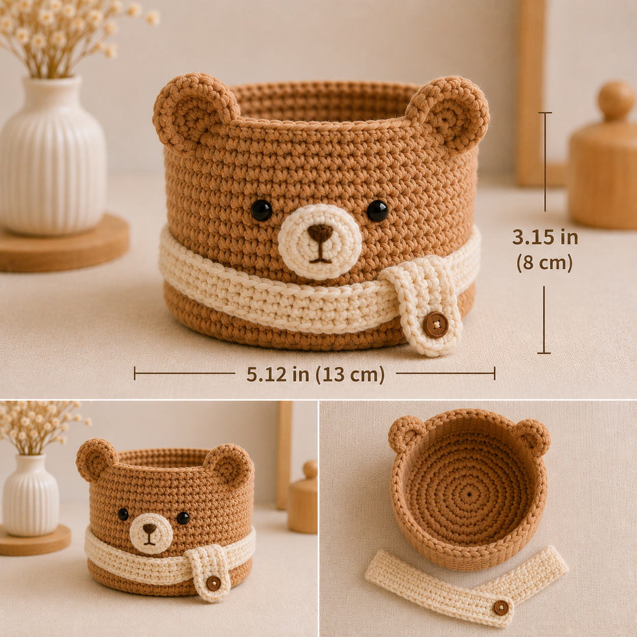 Cute Crochet Bear Yarn Basket with Scarf - Handmade Storage Bowl for Knitting