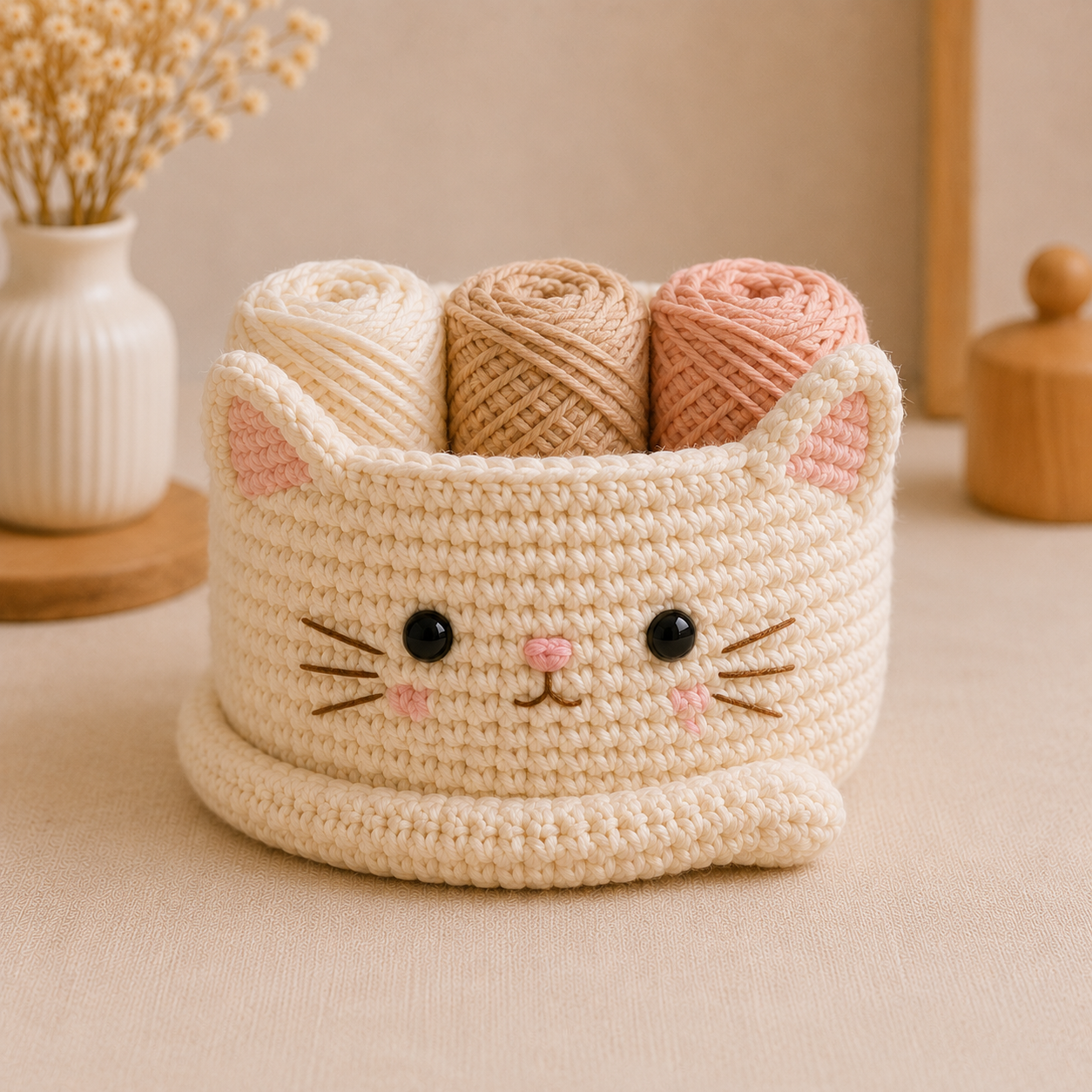 Cute Crochet Cat Yarn Basket - Handmade Storage Bowl for Knitting & Craft Supplies