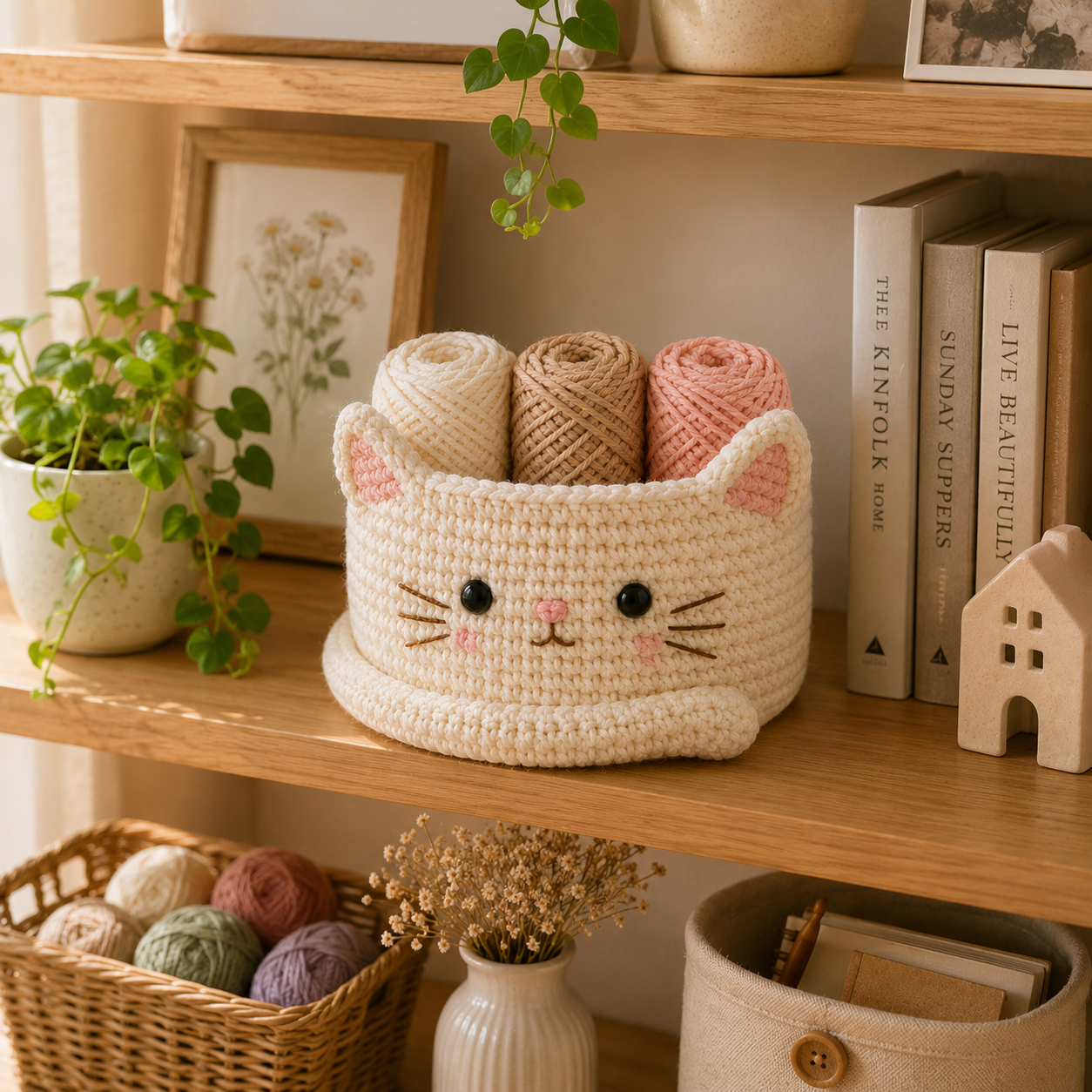 Cute Crochet Cat Yarn Basket - Handmade Storage Bowl for Knitting & Craft Supplies