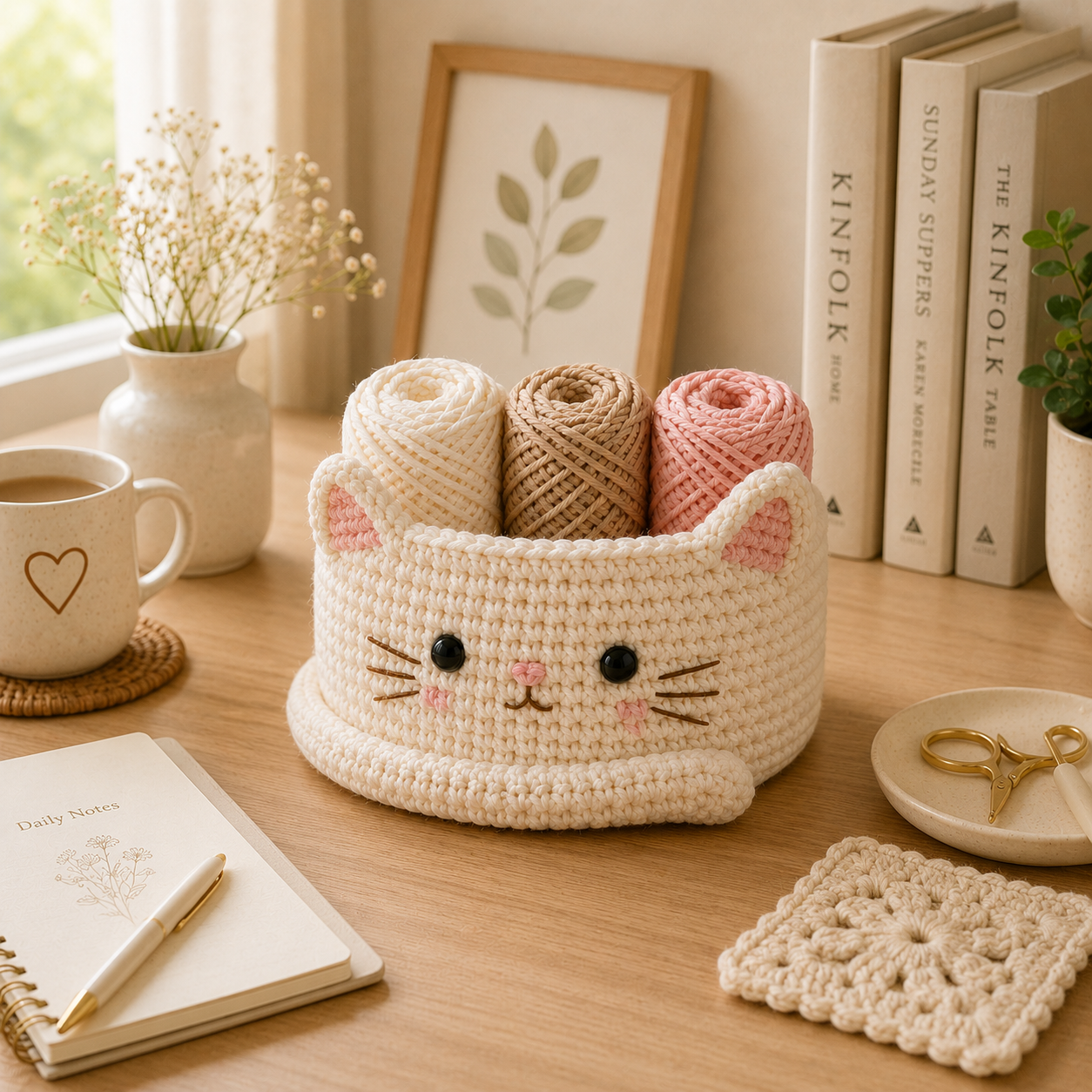 Cute Crochet Cat Yarn Basket - Handmade Storage Bowl for Knitting & Craft Supplies