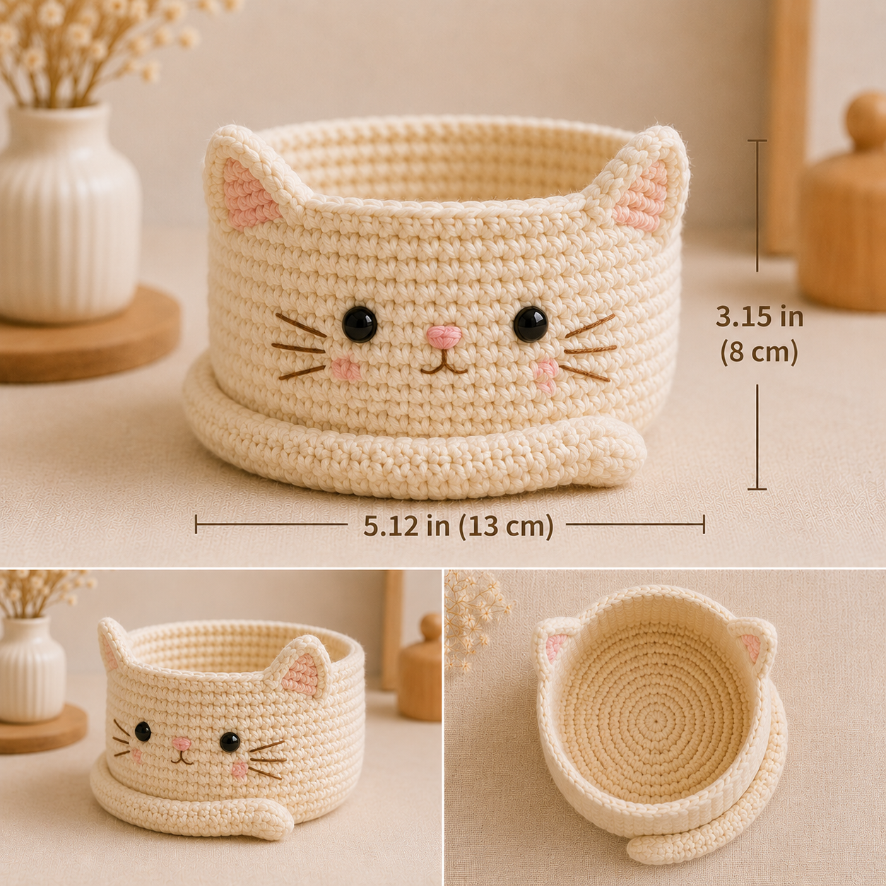 Cute Crochet Cat Yarn Basket - Handmade Storage Bowl for Knitting & Craft Supplies