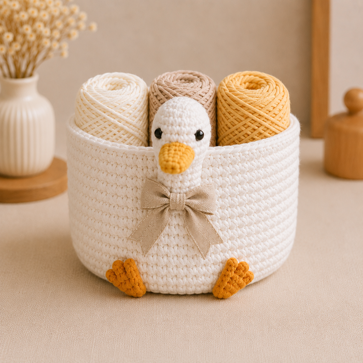 Cute Crochet Duck Yarn Basket - Handmade Storage Bowl for Knitting & Craft Supplies
