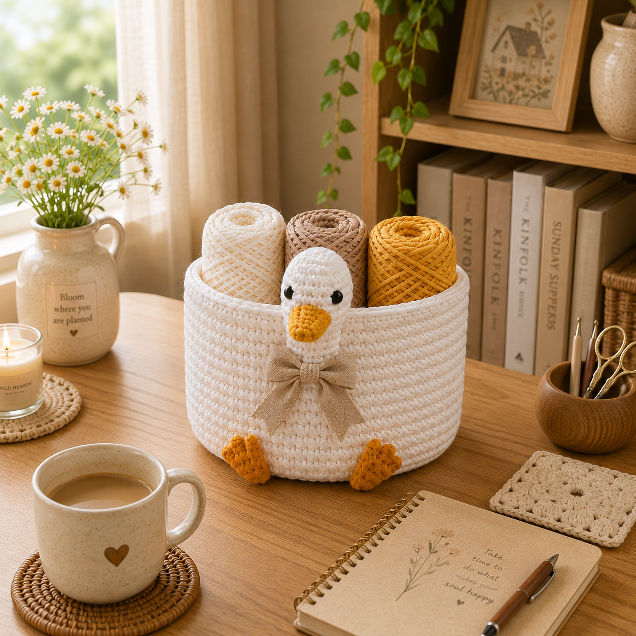 Cute Crochet Duck Yarn Basket - Handmade Storage Bowl for Knitting & Craft Supplies