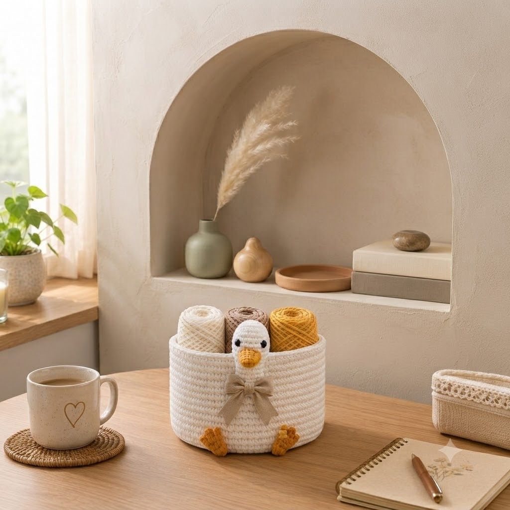 Cute Crochet Duck Yarn Basket - Handmade Storage Bowl for Knitting & Craft Supplies