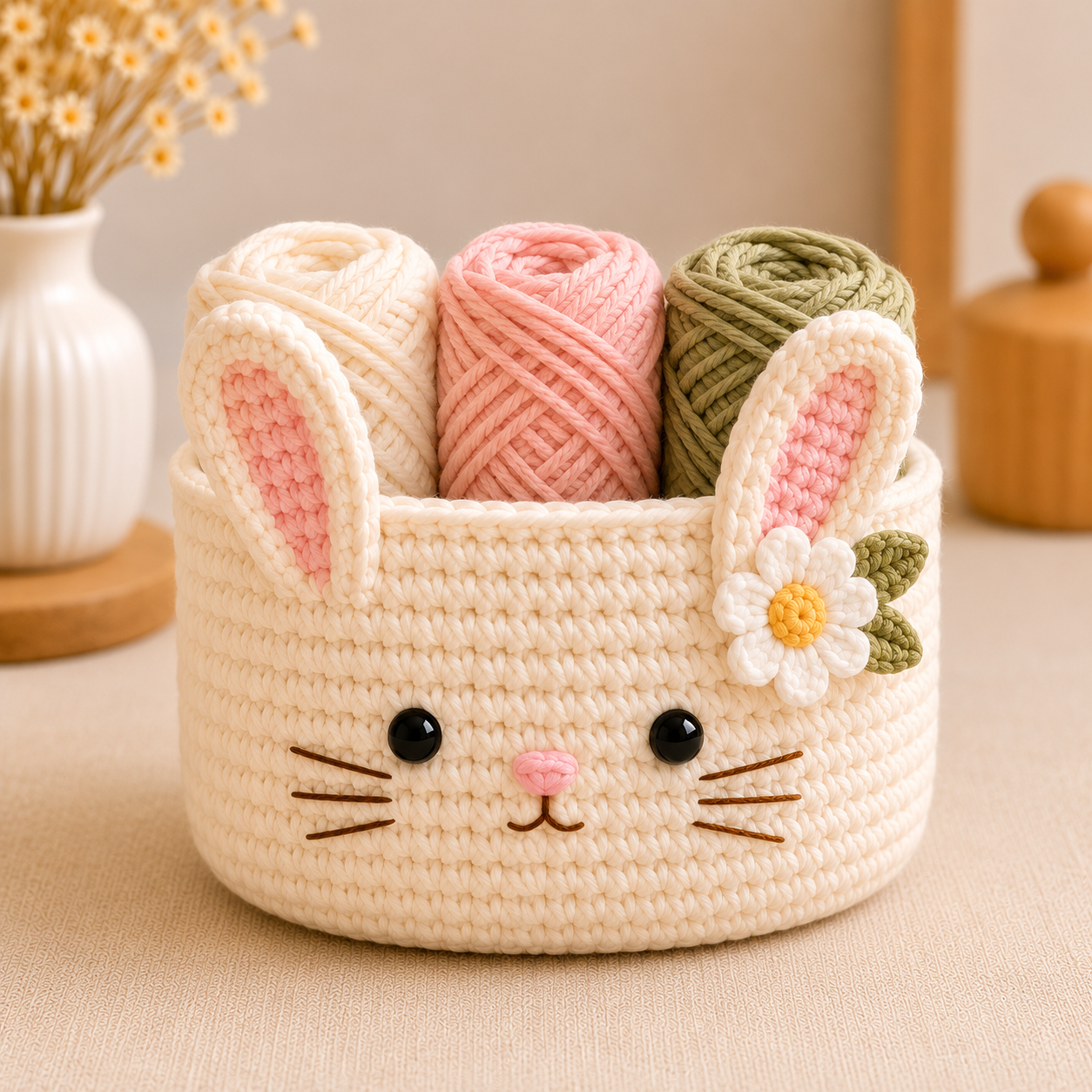 Cute Crochet Bunny Yarn Basket - Handmade Storage Bowl for Knitting & Craft Supplies