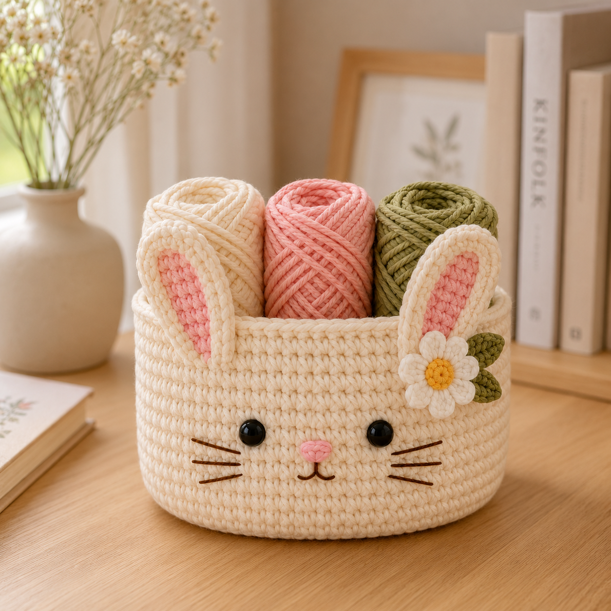 Cute Crochet Bunny Yarn Basket - Handmade Storage Bowl for Knitting & Craft Supplies